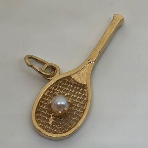 14k Gold & pearl Tennis Racket Charm marked